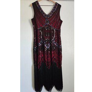 Women XL Flapper dress costume halloween fringe maroon wine red fringe black